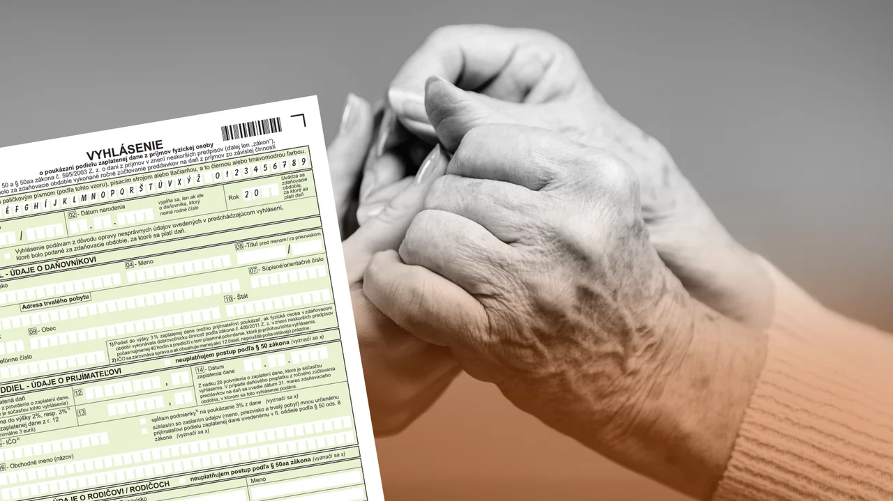 Vyhlásenia o poukázaní podielu zaplatenej dane na poukázanie 2% rodičom, v pozadi ruky rodiča a dieťaťa