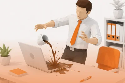Low poly ilustrácia kancelárie, kde muž v bielej košeli a oranžovej kravate nešťastnou náhodou rozlieva kávu na otvorený notebook na pracovnom stole.