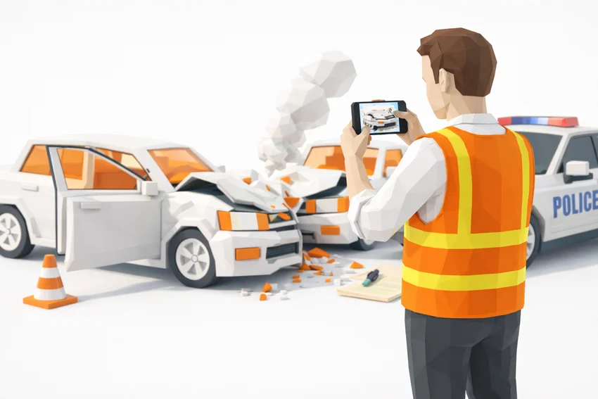 Dokumentovanie nehody 3D low poly človek dokumentuje nehodu mobilom